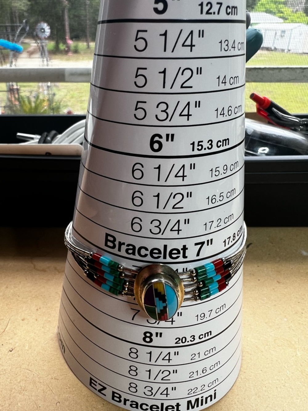 Multi-Row Inlay Cuff Bracelet with Turquoise, Red and Black Accents - Picture 2 of 4